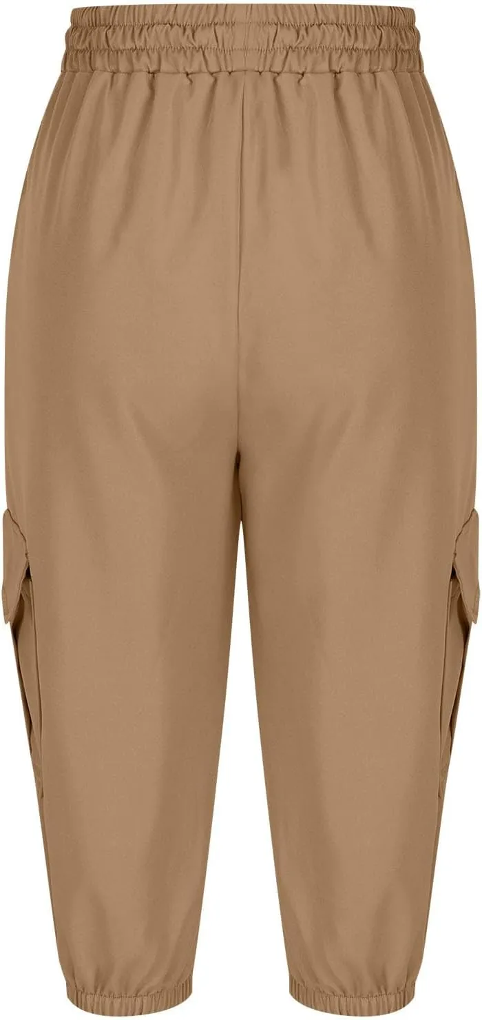 Women Cinch Bottom Cargo Shorts High Waisted Bermuda Shorts Summer Casual Baggy Twill Knee-Length Pants with Pockets