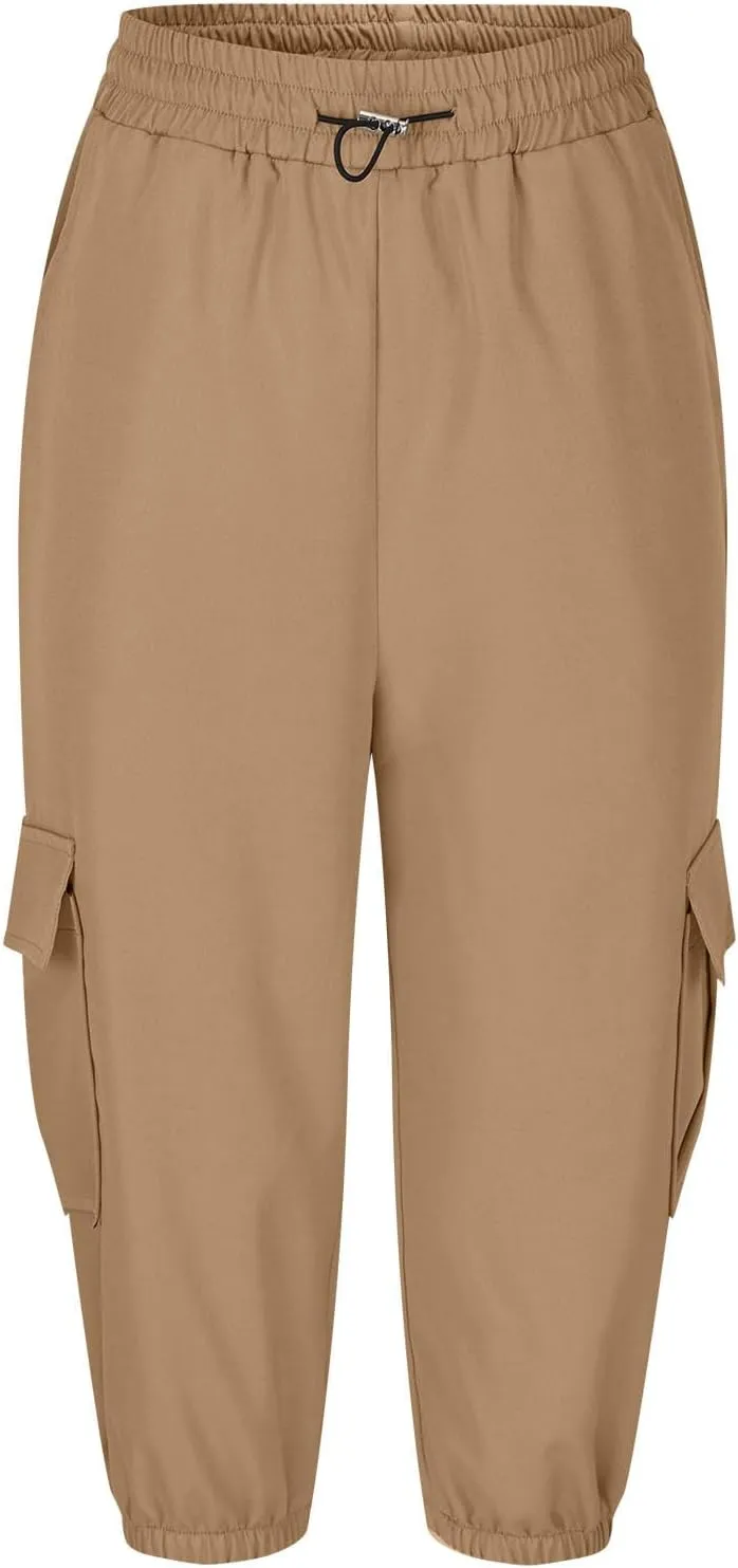 Women Cinch Bottom Cargo Shorts High Waisted Bermuda Shorts Summer Casual Baggy Twill Knee-Length Pants with Pockets