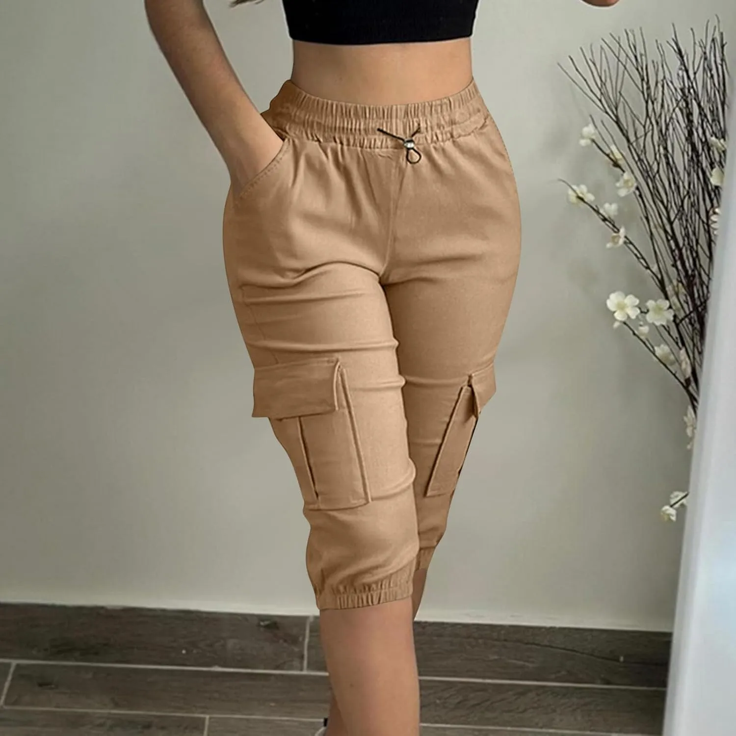 Women Cinch Bottom Cargo Shorts High Waisted Bermuda Shorts Summer Casual Baggy Twill Knee-Length Pants with Pockets