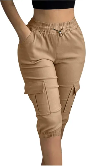 Women Cinch Bottom Cargo Shorts High Waisted Bermuda Shorts Summer Casual Baggy Twill Knee-Length Pants with Pockets