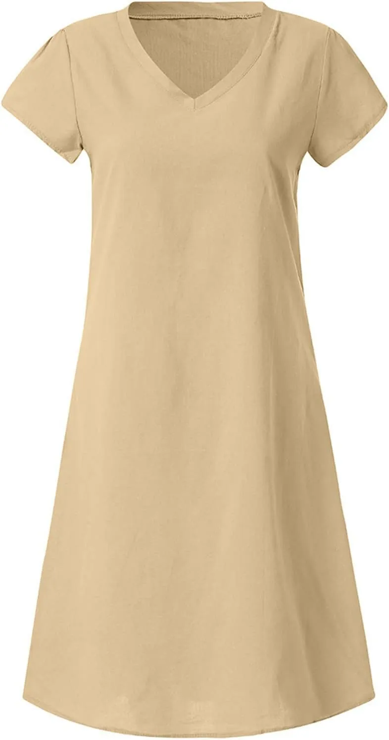 Women Cotton Linen T Shirt Dress V Neck Short Sleeve Summer Causal Tunic Beach Dresses 2025 Trendy Vacation Outfits