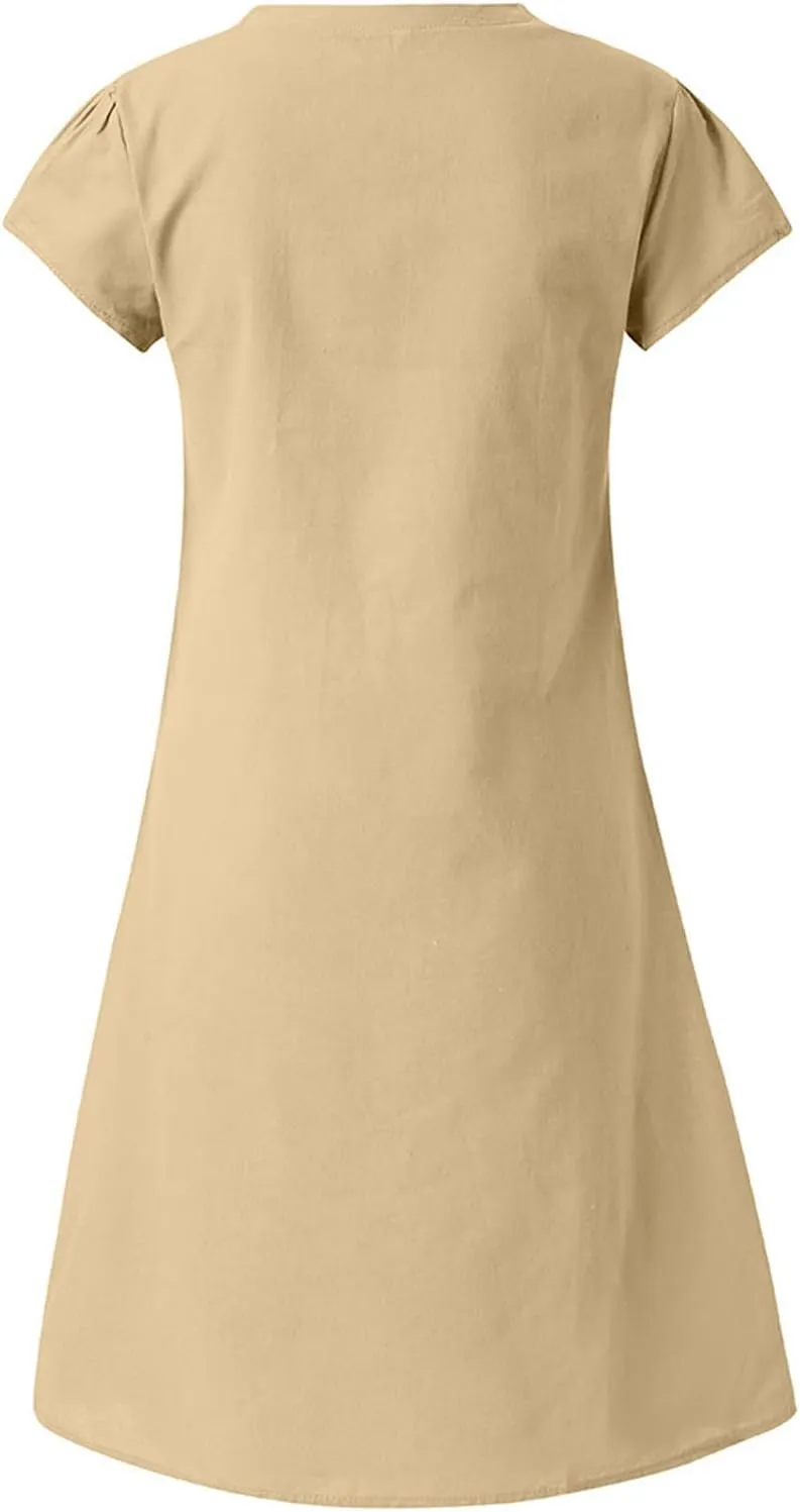 Women Cotton Linen T Shirt Dress V Neck Short Sleeve Summer Causal Tunic Beach Dresses 2025 Trendy Vacation Outfits
