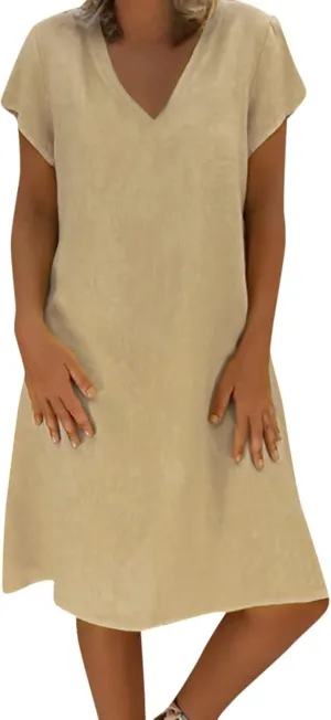 Women Cotton Linen T Shirt Dress V Neck Short Sleeve Summer Causal Tunic Beach Dresses 2025 Trendy Vacation Outfits