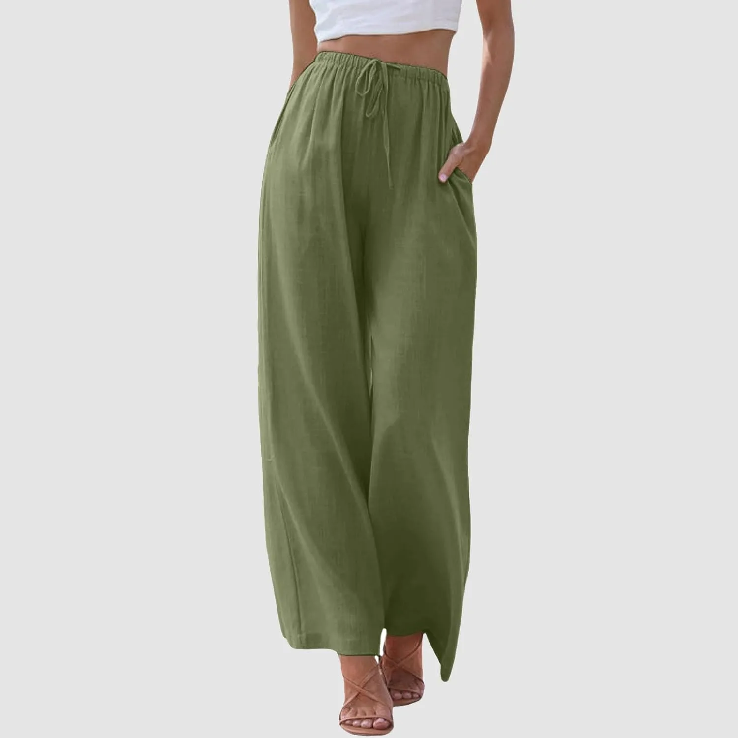 Women High Waisted Wide Leg Pants Drawstring Elastic Trousers Comfy Straight Leg Long Pants with Pockets