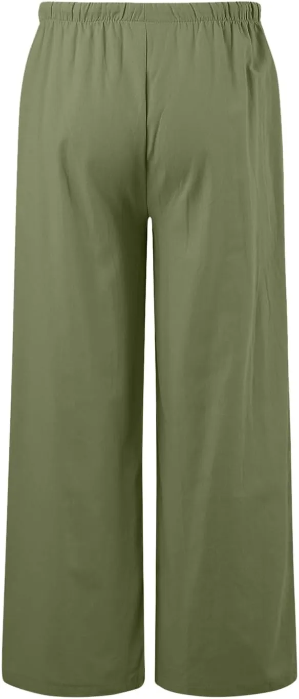 Women High Waisted Wide Leg Pants Drawstring Elastic Trousers Comfy Straight Leg Long Pants with Pockets