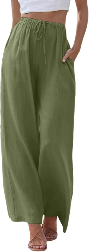 Women High Waisted Wide Leg Pants Drawstring Elastic Trousers Comfy Straight Leg Long Pants with Pockets