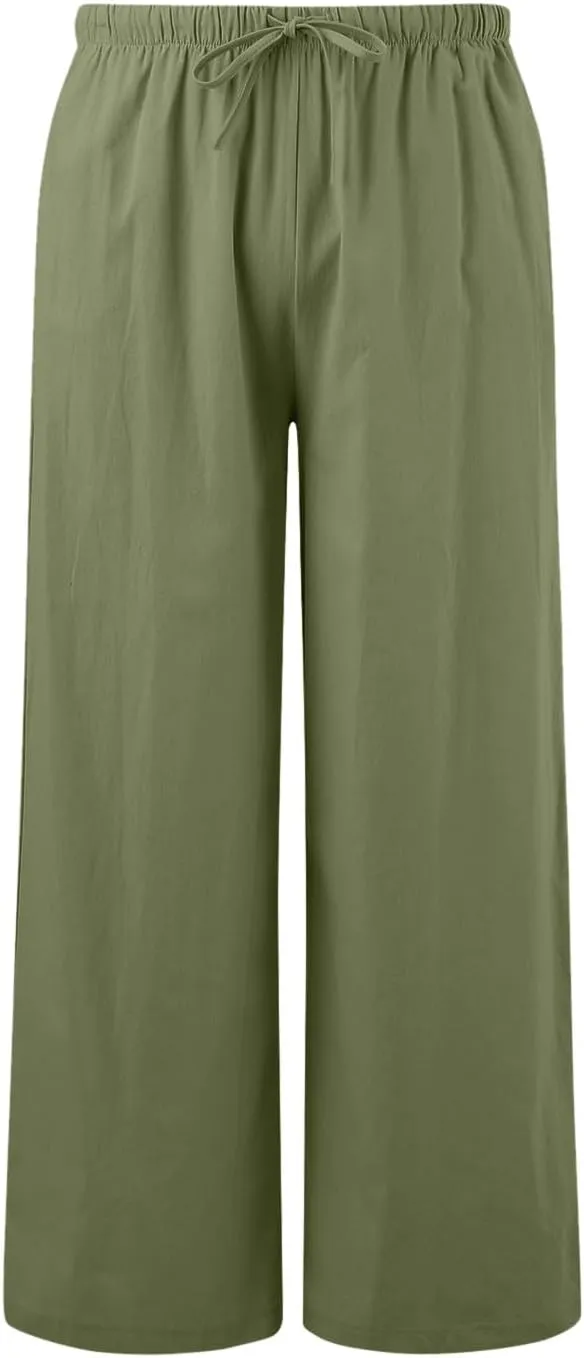 Women High Waisted Wide Leg Pants Drawstring Elastic Trousers Comfy Straight Leg Long Pants with Pockets