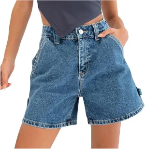 Women Jean Shorts High Waisted Carpenter Denim Shorts with Pockets Trendy Fashion Summer Shorts Women for Beach