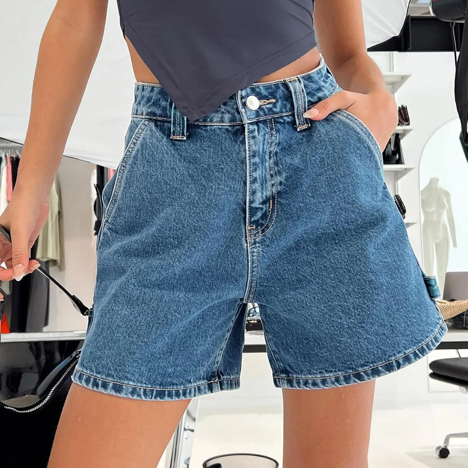 Women Jean Shorts High Waisted Carpenter Denim Shorts with Pockets Trendy Fashion Summer Shorts Women for Beach