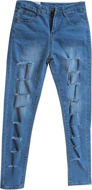 Women Jeans Fit High Waisted Ripped Distressed Stretchy Denim Pants Casual Straight Leg Jeans Long Pants
