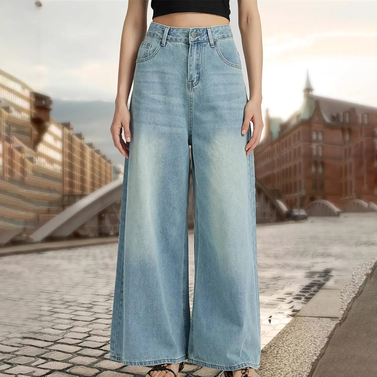 Women Jeans High Waisted Trendy Stretch Boyfriend Baggy Jeans Straight Wide Leg Casual Denim Pants Teen Girls Trousers