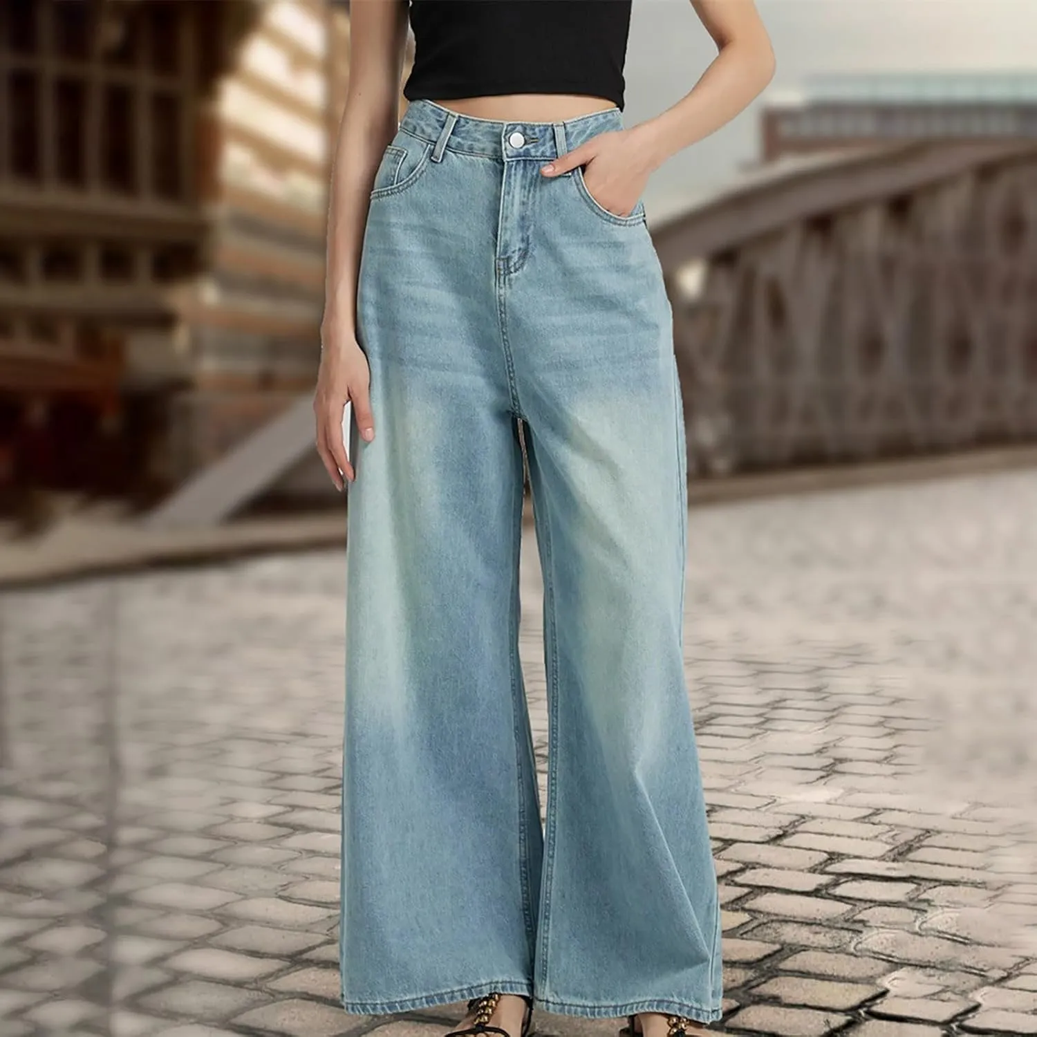 Women Jeans High Waisted Trendy Stretch Boyfriend Baggy Jeans Straight Wide Leg Casual Denim Pants Teen Girls Trousers
