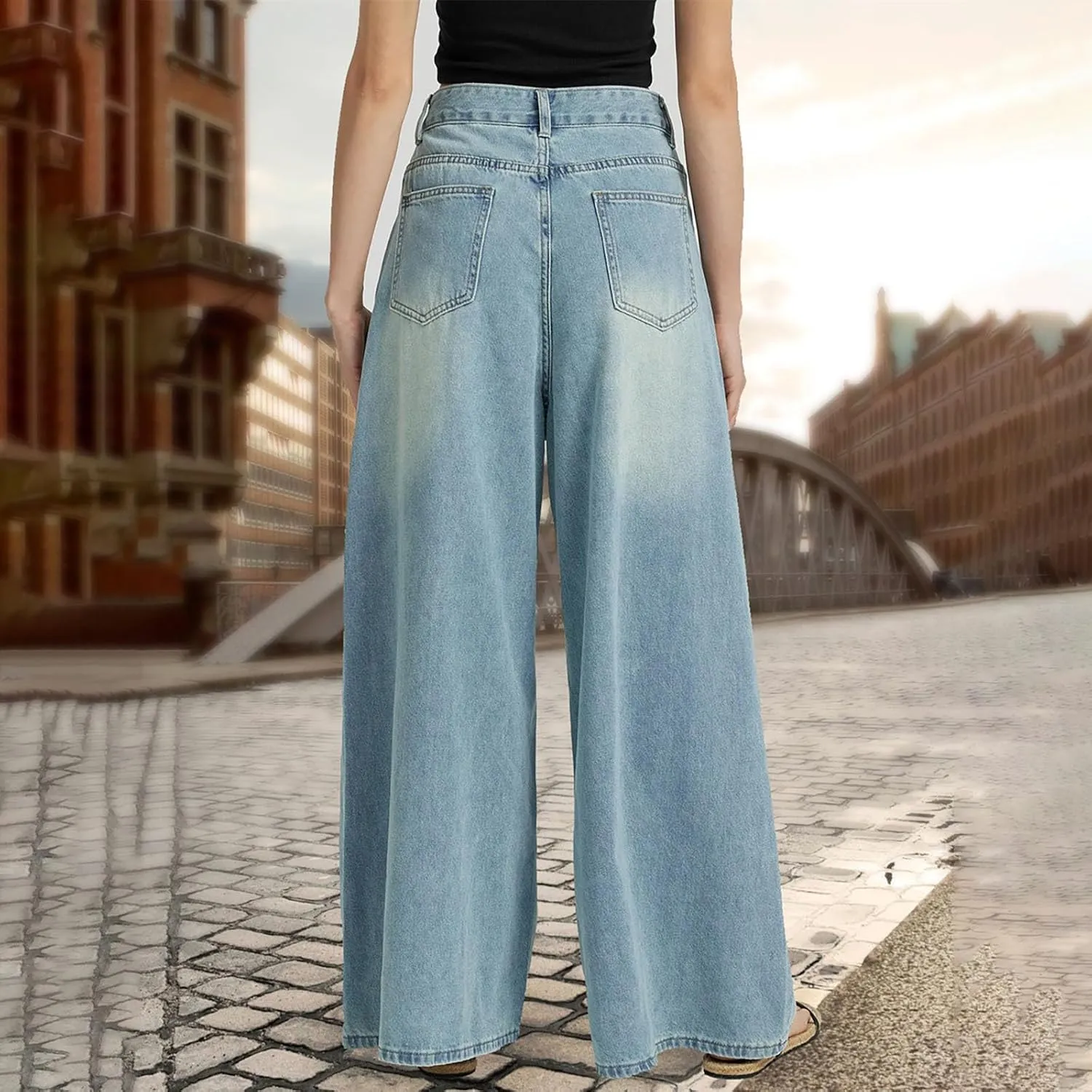Women Jeans High Waisted Trendy Stretch Boyfriend Baggy Jeans Straight Wide Leg Casual Denim Pants Teen Girls Trousers