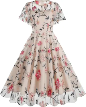 Women Mesh Floral Embroidery Vintage Cocktail Swing Dress Ruffle Sleeve Embroidered Floral Dress for Women Tulle Prom Dress