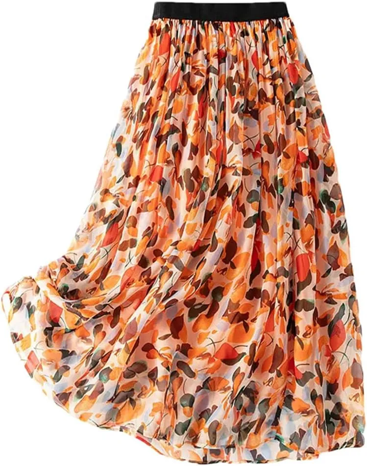 Women Mulberry Silk Summer Skirt Floral Vintage Vacation Skirts A-Line Casual Long Skirts