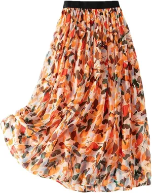 Women Mulberry Silk Summer Skirt Floral Vintage Vacation Skirts A-Line Casual Long Skirts