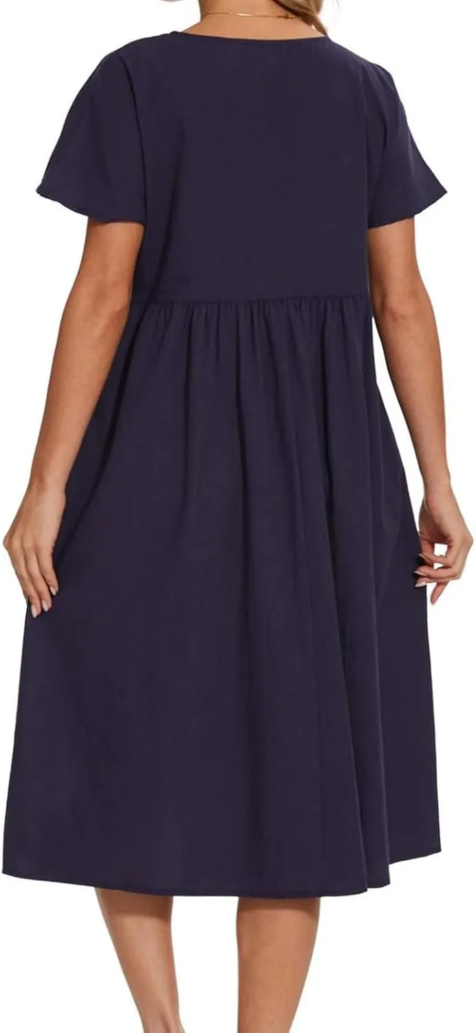 Women Oversized Casual Loose Summer Maxi Dress Linen Short Sleeve Round Neck Basic Swing Beach Midi Dress with Pocket