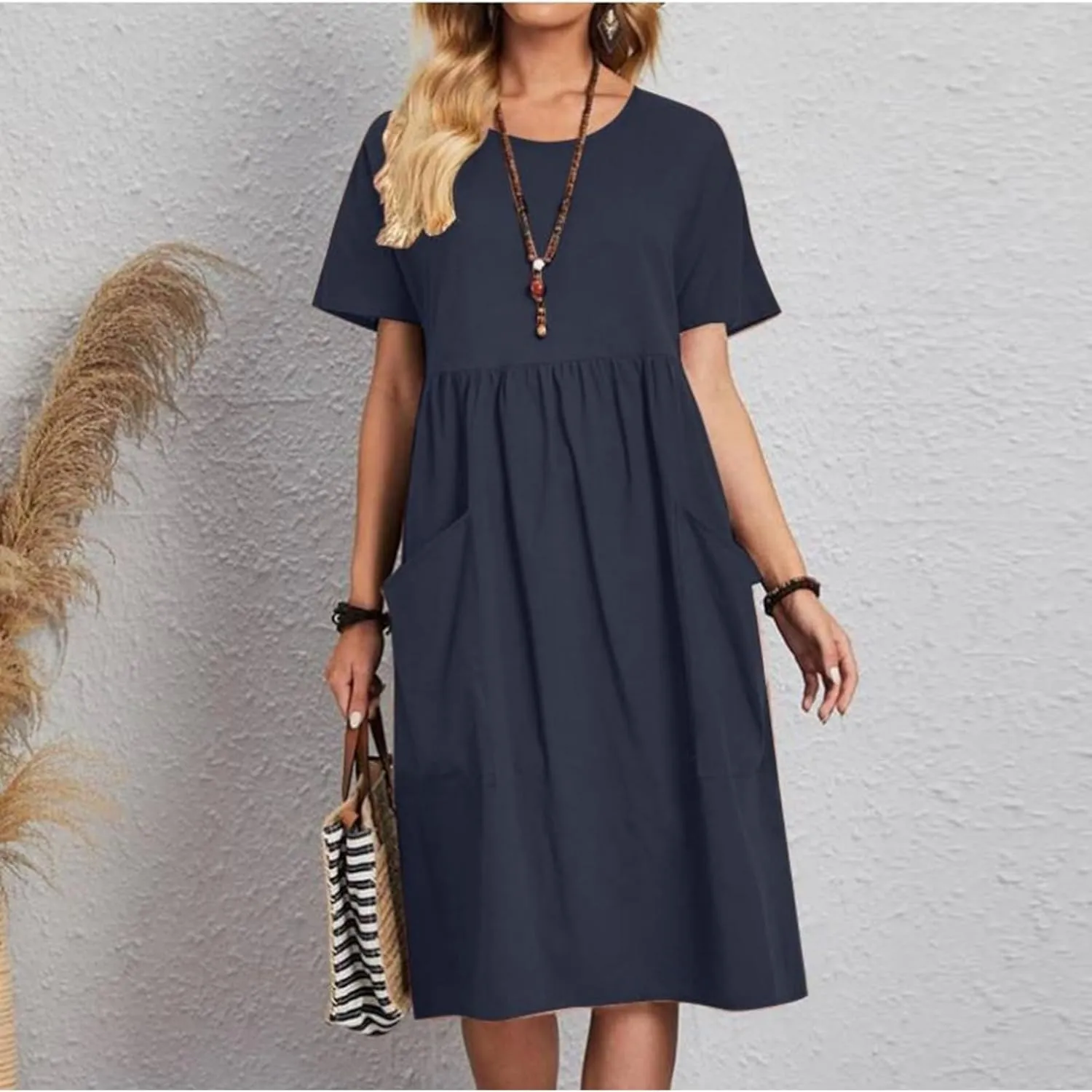 Women Oversized Casual Loose Summer Maxi Dress Linen Short Sleeve Round Neck Basic Swing Beach Midi Dress with Pocket