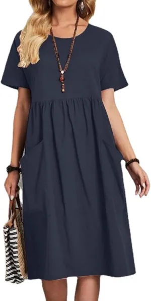 Women Oversized Casual Loose Summer Maxi Dress Linen Short Sleeve Round Neck Basic Swing Beach Midi Dress with Pocket