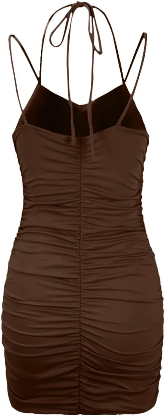 Women Sexy Halter Tie Cowl Neck Bodycon Ruched Mini Dress for Night Out Club Party Cocktail Spaghetti Strap Short Dress