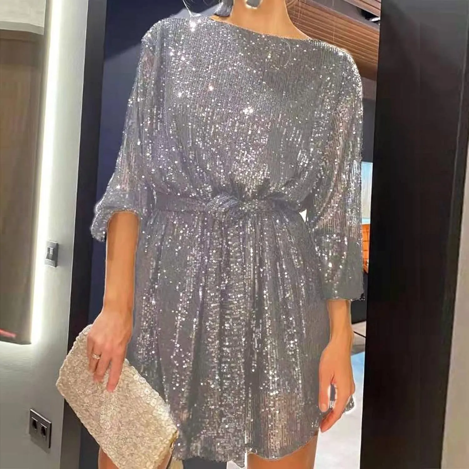 Women Sexy Sequin Dresses Long Sleeve Sparkly Glitter Ruched Bodycon Dress Party Night Out Club Dresses
