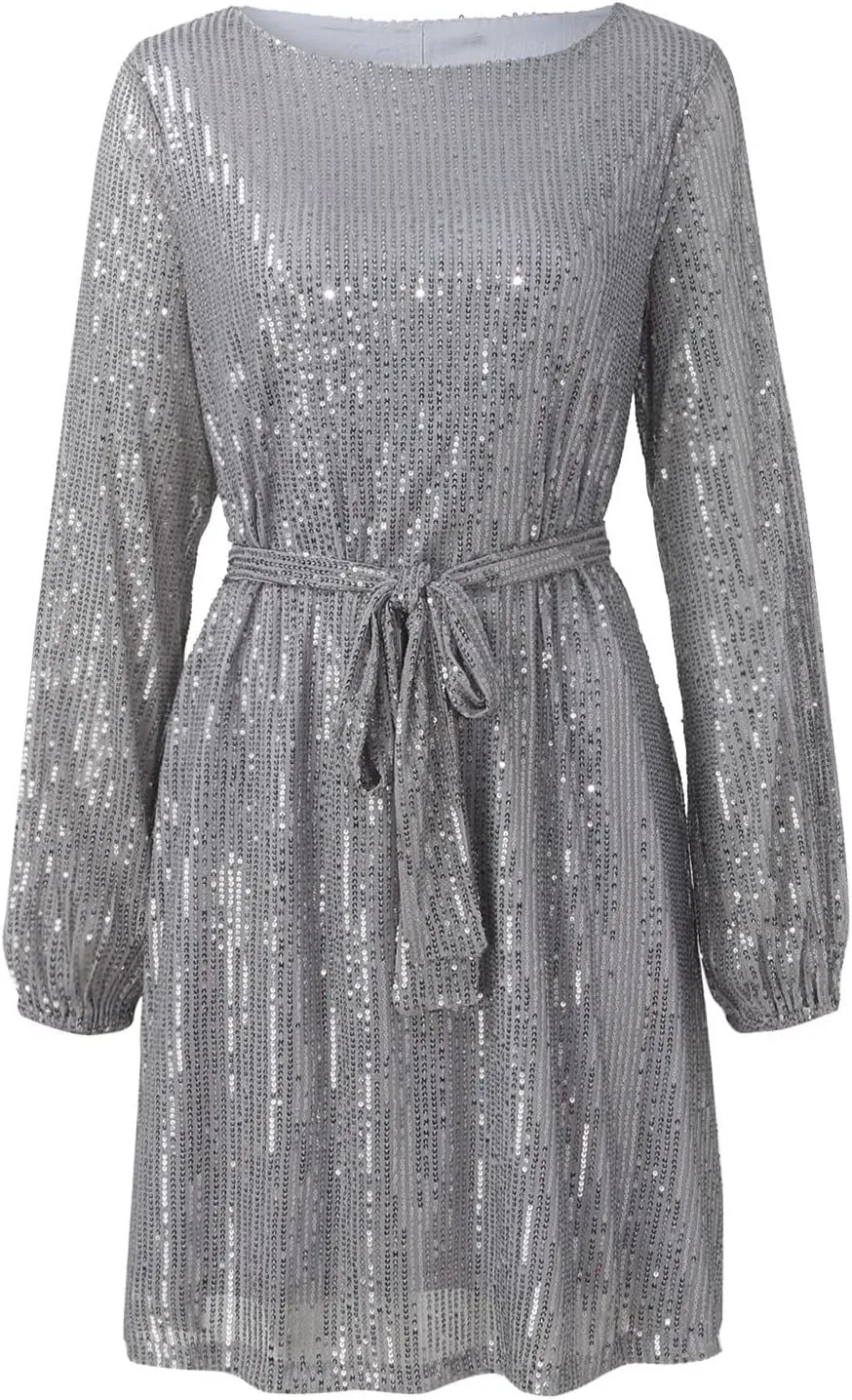 Women Sexy Sequin Dresses Long Sleeve Sparkly Glitter Ruched Bodycon Dress Party Night Out Club Dresses