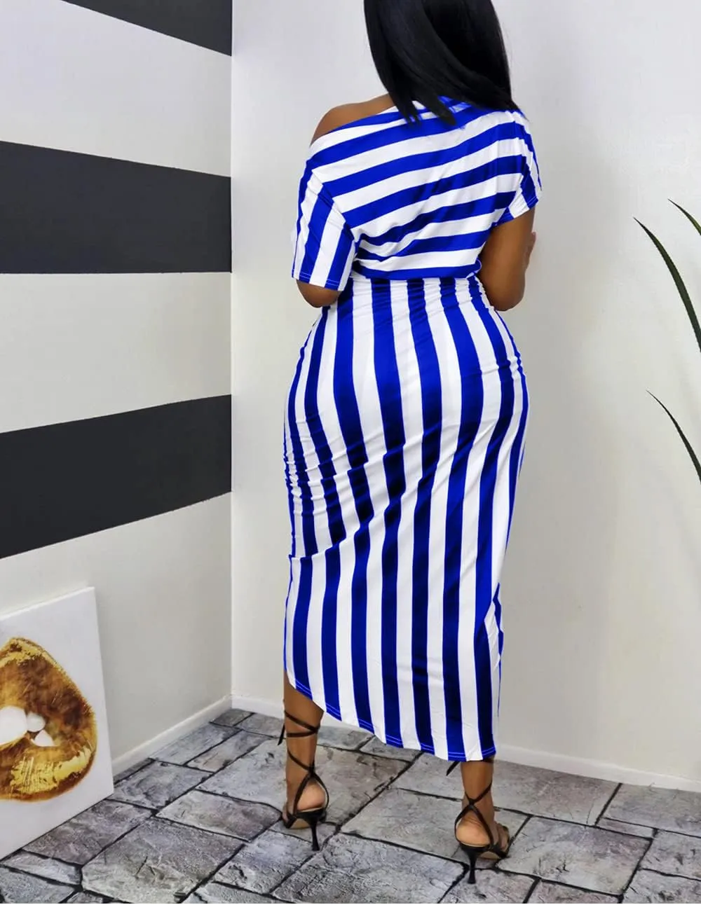 Women Stripes Dresses One Shoulder Short Sleeve Irregular Midi Party Wrap Dress