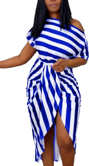 Women Stripes Dresses One Shoulder Short Sleeve Irregular Midi Party Wrap Dress