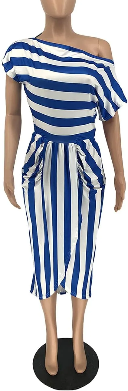 Women Stripes Dresses One Shoulder Short Sleeve Irregular Midi Party Wrap Dress