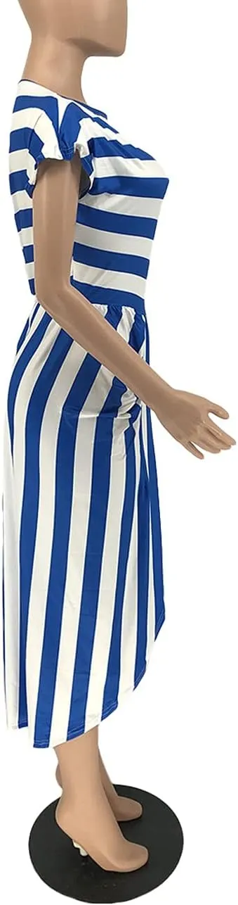 Women Stripes Dresses One Shoulder Short Sleeve Irregular Midi Party Wrap Dress