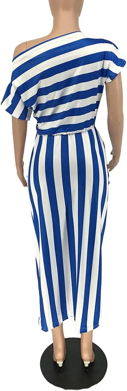 Women Stripes Dresses One Shoulder Short Sleeve Irregular Midi Party Wrap Dress
