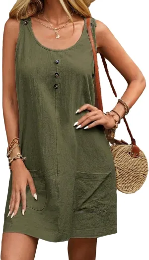 Women Summer A Line Midi Dress Sleeveless Beach Skater Tank Sundress Linen Crewneck Loose Casual Mini Dresses Pockets