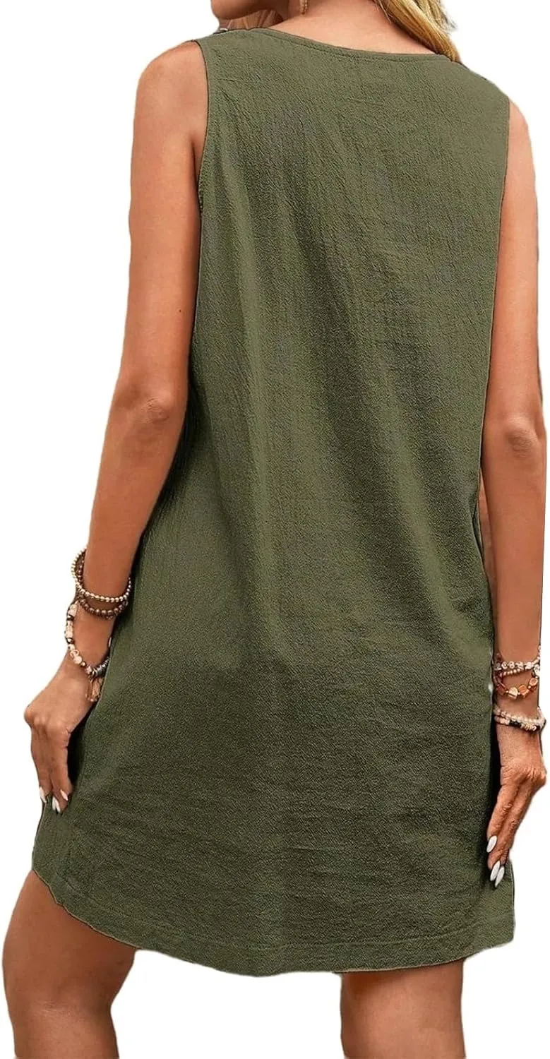 Women Summer A Line Midi Dress Sleeveless Beach Skater Tank Sundress Linen Crewneck Loose Casual Mini Dresses Pockets