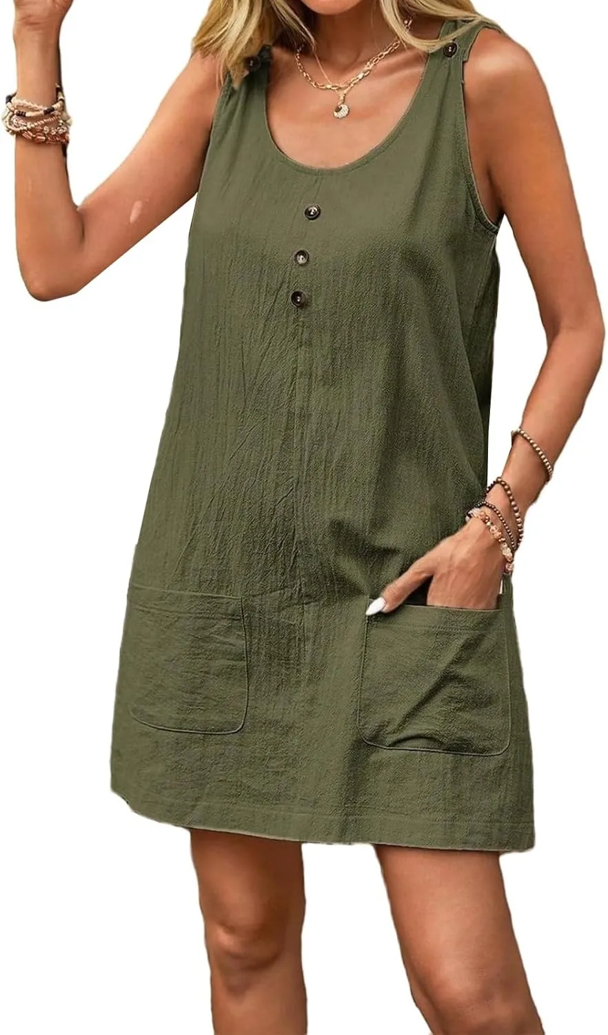 Women Summer A Line Midi Dress Sleeveless Beach Skater Tank Sundress Linen Crewneck Loose Casual Mini Dresses Pockets