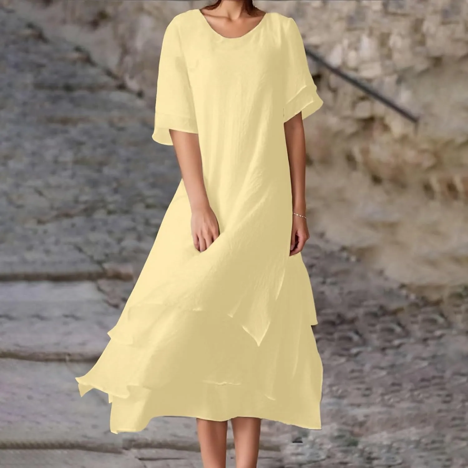 Women Summer Casual Maxi Dress 2025 Flowy Scoop Neck Tiered Long Dress Flutter Short Sleeve Beach Vacation Sundresses