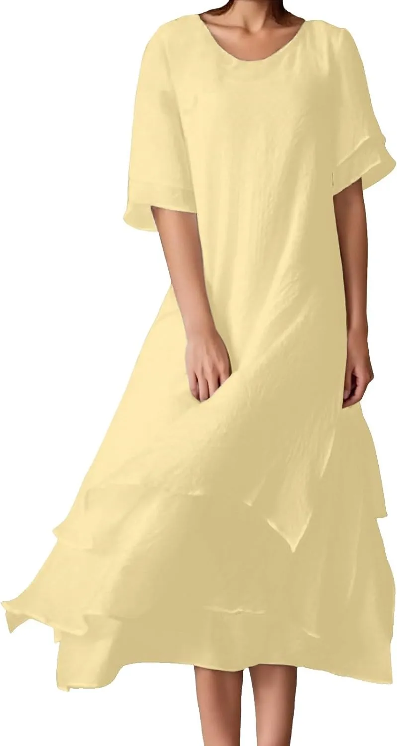 Women Summer Casual Maxi Dress 2025 Flowy Scoop Neck Tiered Long Dress Flutter Short Sleeve Beach Vacation Sundresses