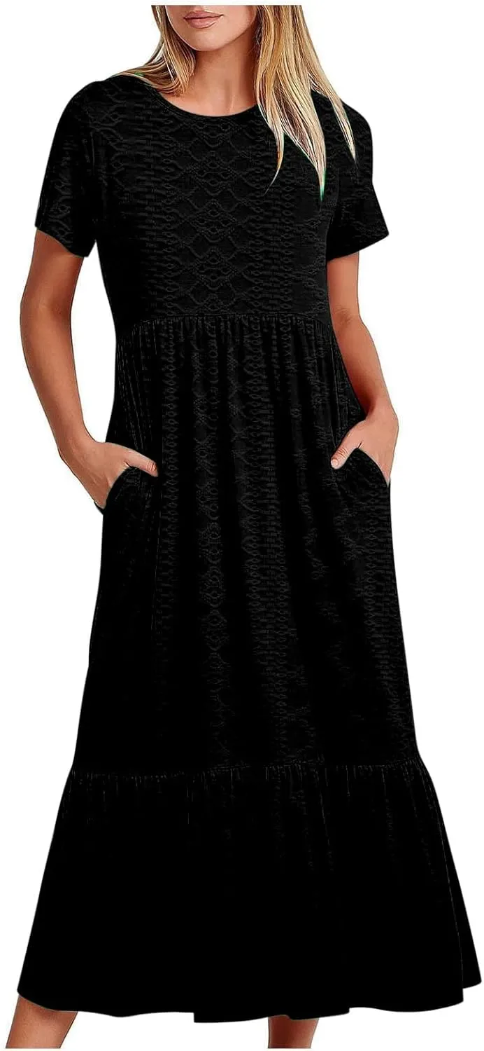 Women Summer Casual Short Sleeve Crewneck Aline Swing Flowy Tiered Shirt Maxi Beach Long Dress 2025 Trendy Outfits