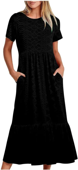 Women Summer Casual Short Sleeve Crewneck Aline Swing Flowy Tiered Shirt Maxi Beach Long Dress 2025 Trendy Outfits