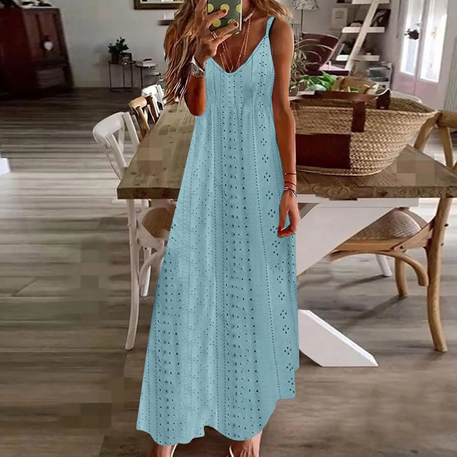 Women Summer Eyelet Long Dress Casual Holiday Style Beach Dress Sexy Hollow Out Loose Dress Sleeveless V-Neck Dress