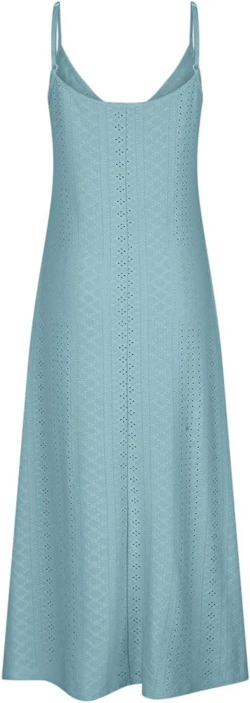 Women Summer Eyelet Long Dress Casual Holiday Style Beach Dress Sexy Hollow Out Loose Dress Sleeveless V-Neck Dress