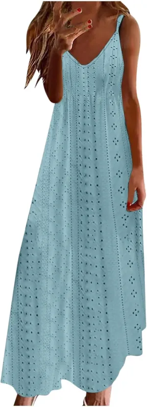 Women Summer Eyelet Long Dress Casual Holiday Style Beach Dress Sexy Hollow Out Loose Dress Sleeveless V-Neck Dress