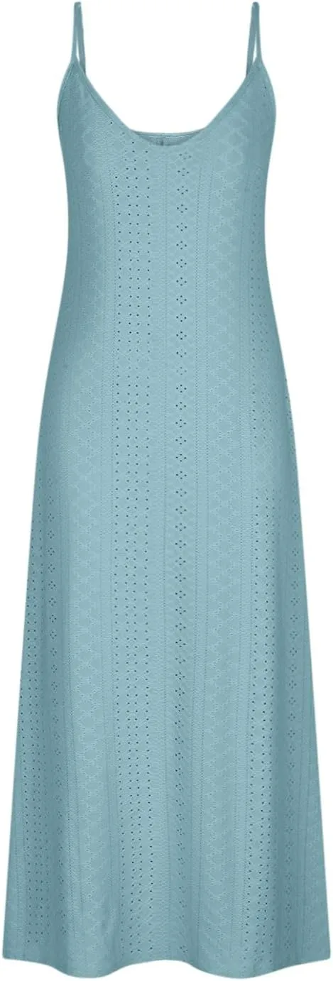 Women Summer Eyelet Long Dress Casual Holiday Style Beach Dress Sexy Hollow Out Loose Dress Sleeveless V-Neck Dress