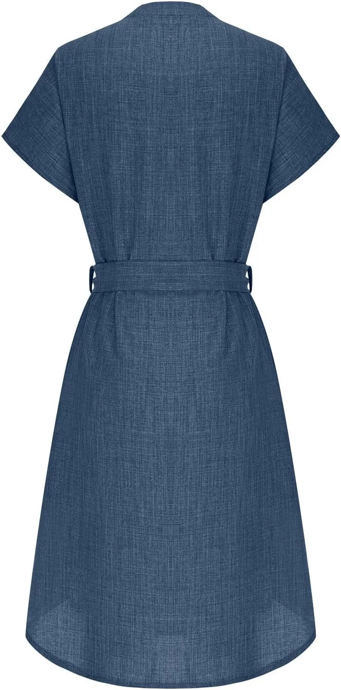 Women Summer Midi Shirt Dress Lapel Short Sleeve Tie Waist Wrinkle-Free Slim Work Vacation Party Shift Dress