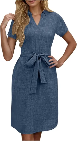 Women Summer Midi Shirt Dress Lapel Short Sleeve Tie Waist Wrinkle-Free Slim Work Vacation Party Shift Dress