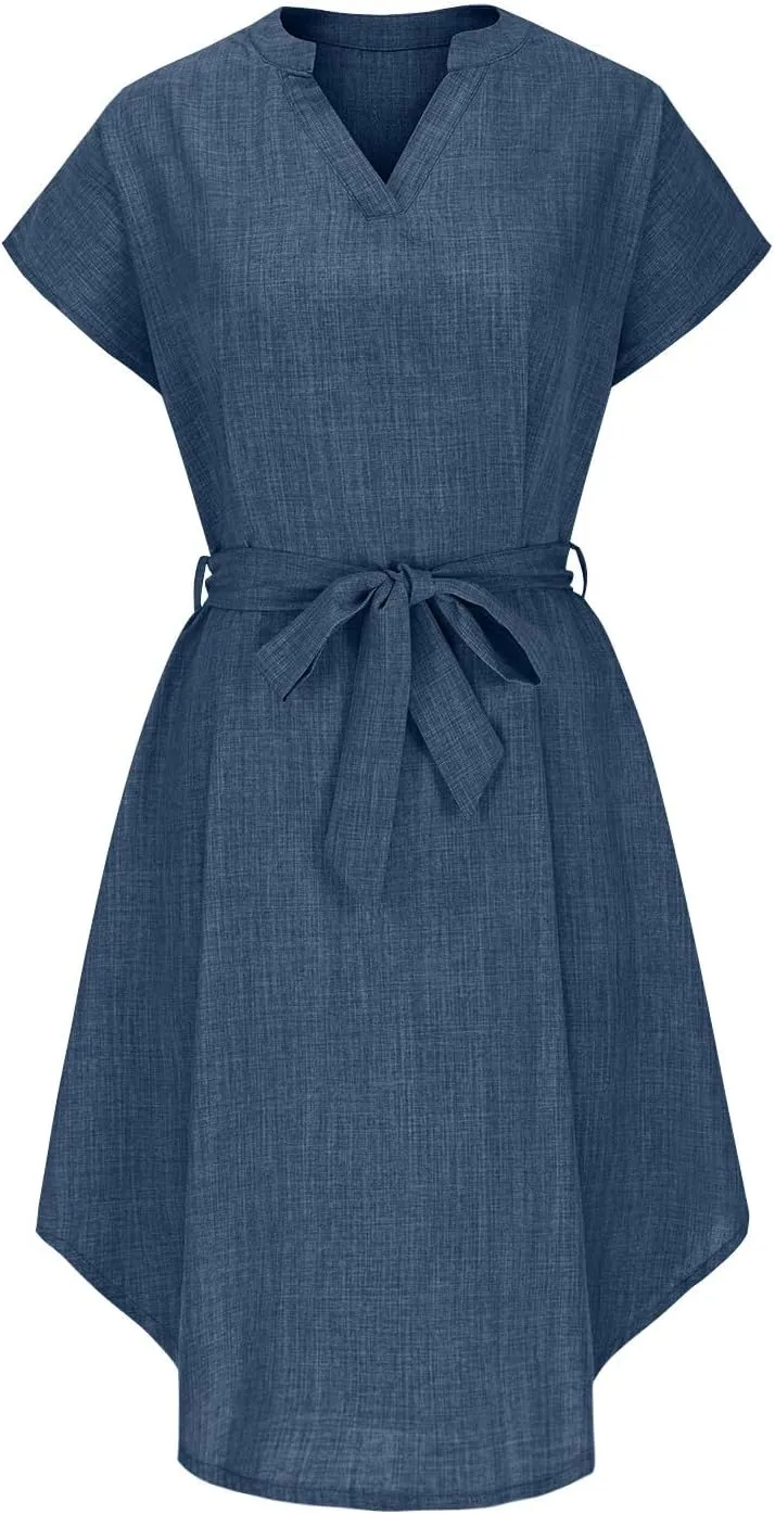 Women Summer Midi Shirt Dress Lapel Short Sleeve Tie Waist Wrinkle-Free Slim Work Vacation Party Shift Dress