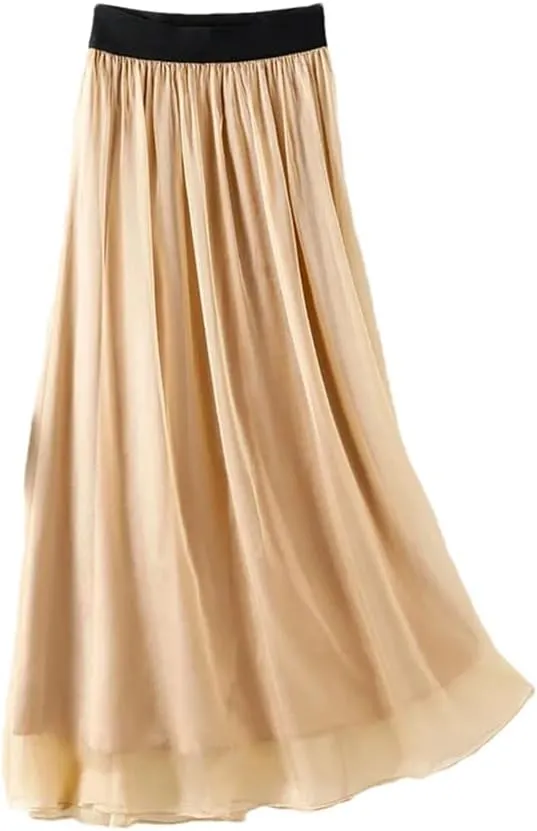 Women Summer Silk Tulle Skirts Slim Vacation Silk Maxi Skirt Solid Thin A-Line Midi Skirt