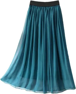 Women Summer Silk Tulle Skirts Slim Vacation Silk Maxi Skirt Solid Thin A-Line Midi Skirt
