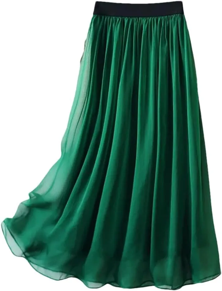 Women Summer Silk Tulle Skirts Slim Vacation Silk Maxi Skirt Solid Thin A-Line Midi Skirt