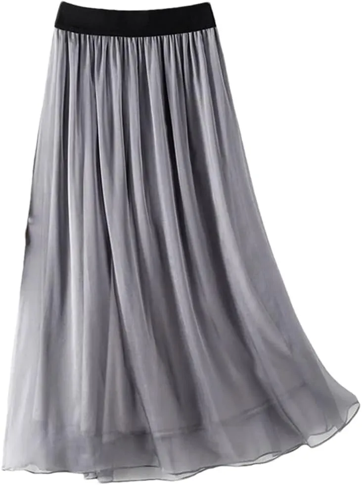 Women Summer Silk Tulle Skirts Slim Vacation Silk Maxi Skirt Solid Thin A-Line Midi Skirt
