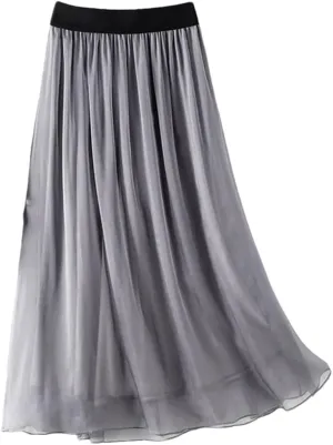 Women Summer Silk Tulle Skirts Slim Vacation Silk Maxi Skirt Solid Thin A-Line Midi Skirt